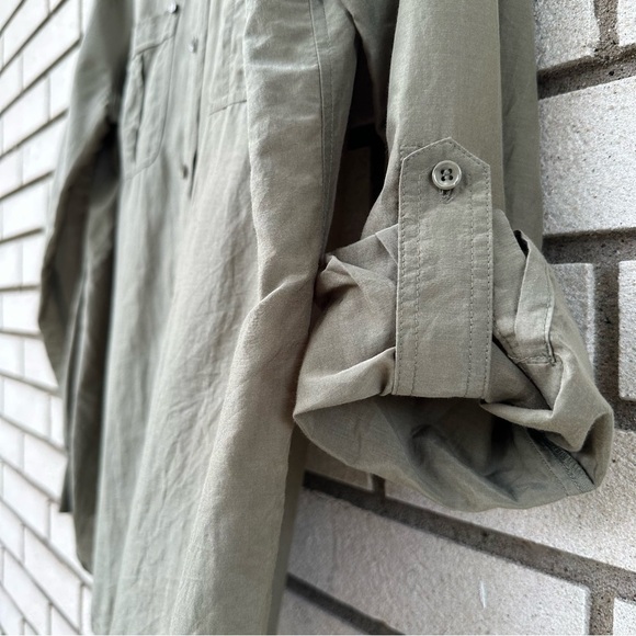 Chico’s Olive Army Green Cotton Silk Roll Tab Sleeve Button Up Shirt - Picture 6 of 10